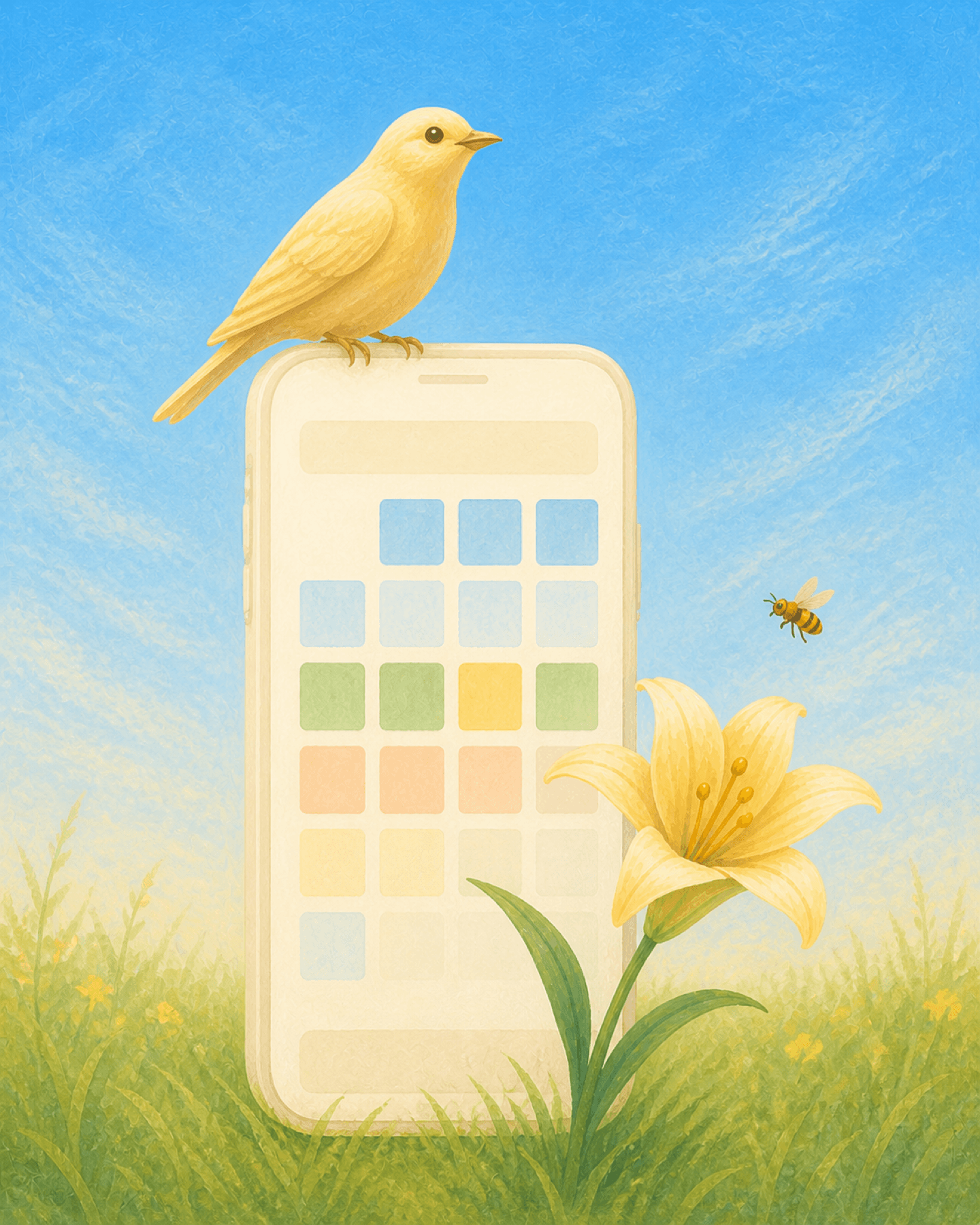 A golden daybird perched on an illustrated phone beside a yellow lily