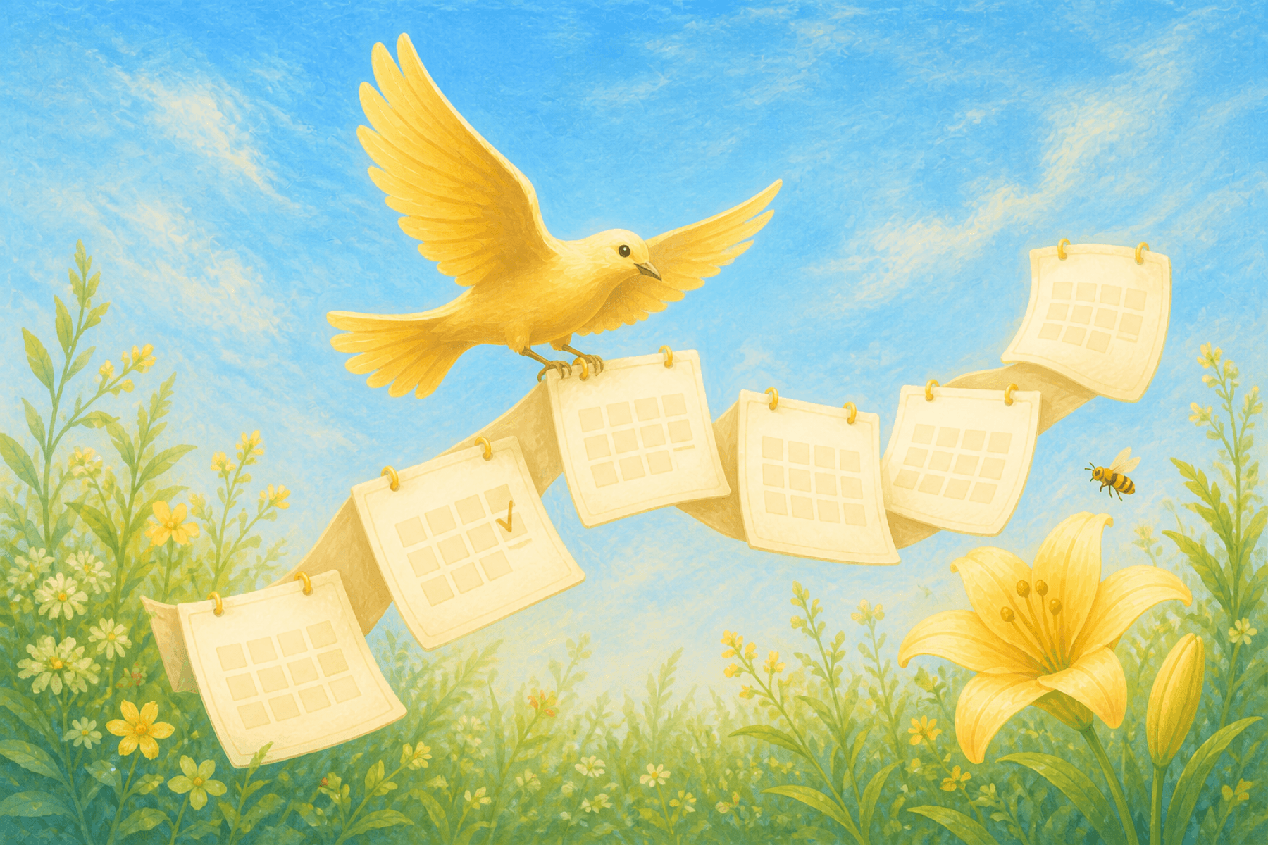 A golden daybird guiding a week of calendar pages through a sunlit garden