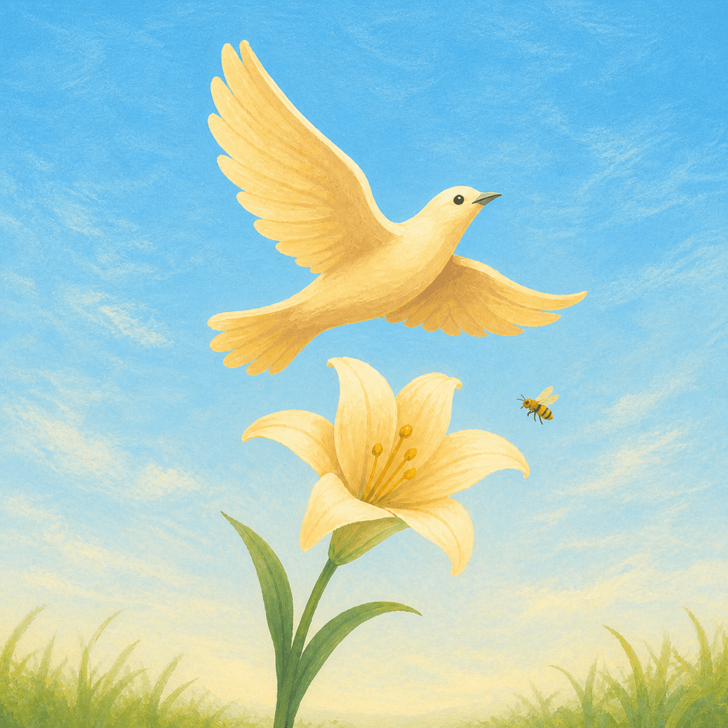 A golden bird flying above a lily in a bright blue sky, Daybird's welcome artwork