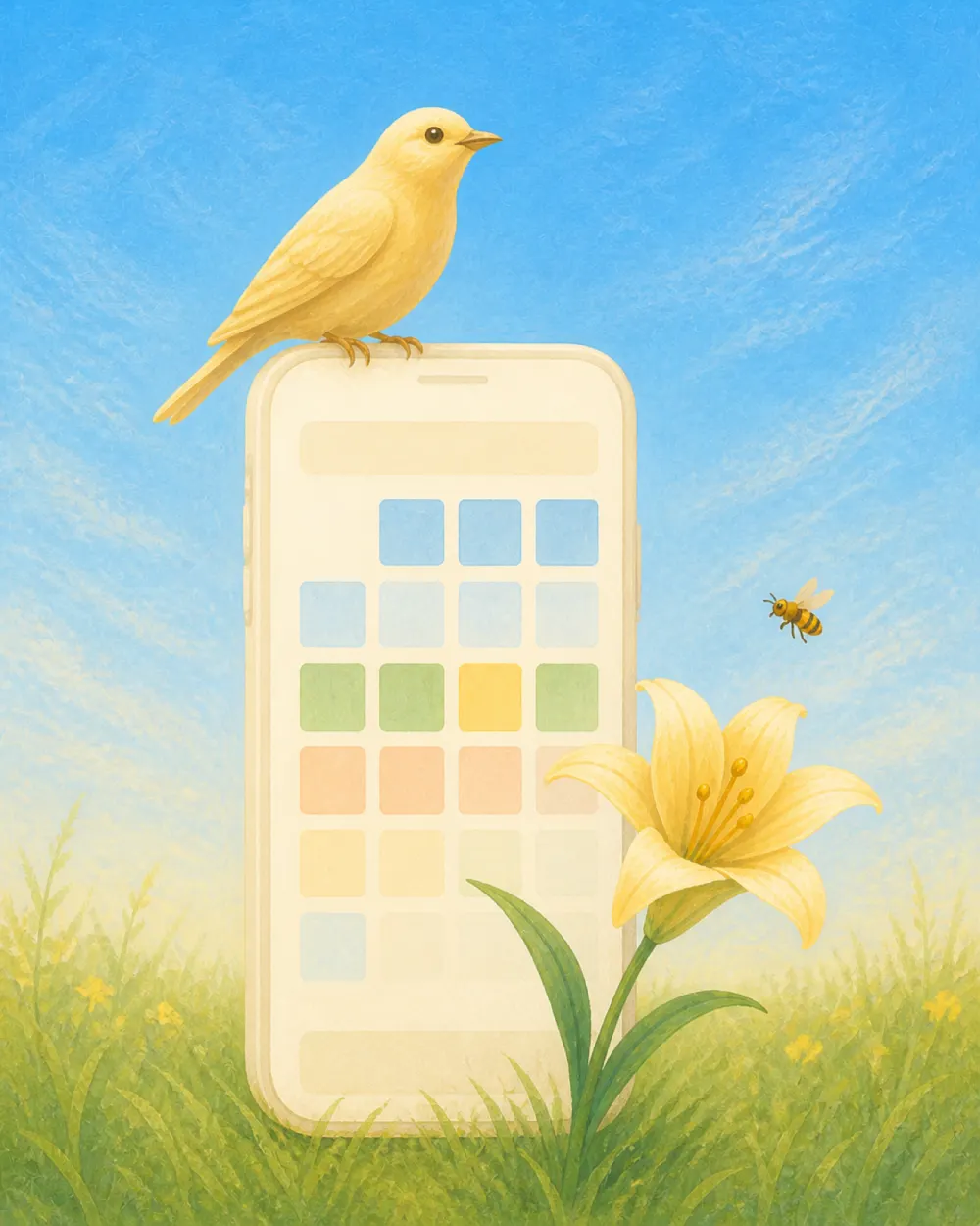 A golden bird perched on an illustrated phone beside a yellow lily